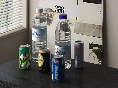 Assorted Beverages Including Biza Bottled Water PEPSI Cans And Canned Drinks On Table 3d model