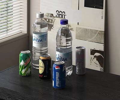 Assorted Beverages Including Biza Bottled Water PEPSI Cans And Canned Drinks On Table 3d model