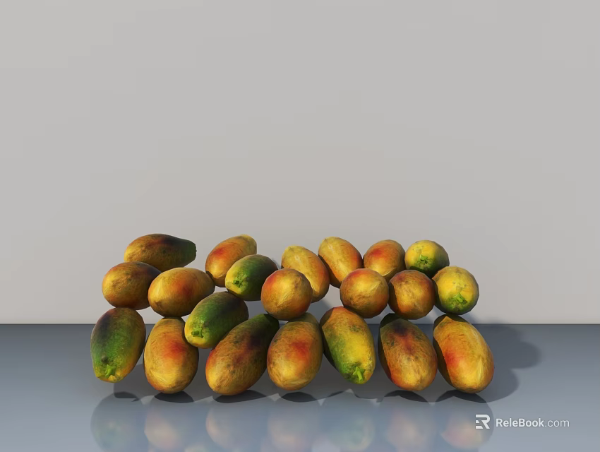 Fresh Ripe Mangoes With Yellow Green Skin Stacked On Table Surface 3d model 