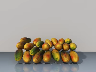 Fresh Ripe Mangoes With Yellow Green Skin Stacked On Table Surface 3d model