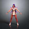 3D Character Model With Purple Hair Decorative Outfit Extended Arms And Colorful Accessories