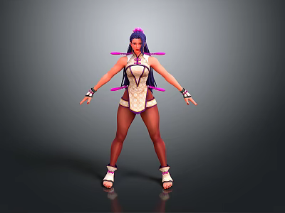 3D Character Model With Purple Hair Decorative Outfit Extended Arms And Colorful Accessories 3d model