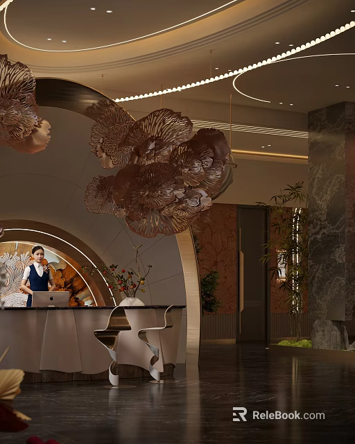 Elegant Modern Hotel Lobby Interior With Artistic Decor And Reception Desk 3d model 