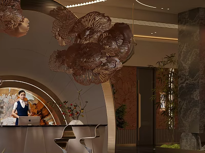 Elegant Modern Hotel Lobby Interior With Artistic Decor And Reception Desk 3d model