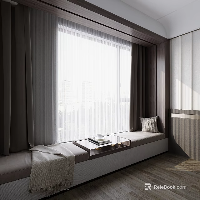 Modern Window Seat Cabinet with Cushion Pillow Small Tray Table Books Natural Light and Curtains 3d model 