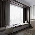 Modern Window Seat Cabinet with Cushion Pillow Small Tray Table Books Natural Light and Curtains