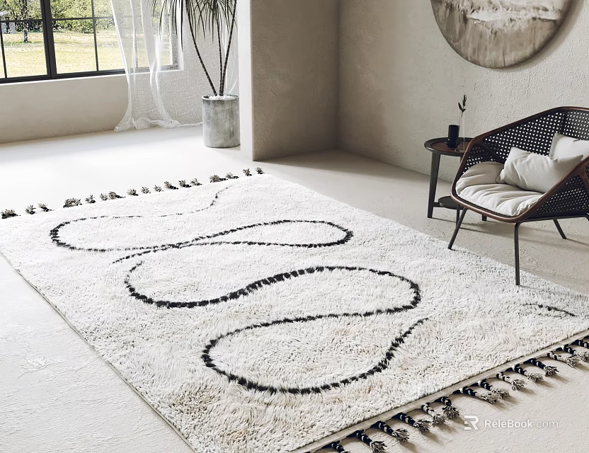 Modern White Square Rug With Black Curved Patterns And Tassels In Living Room 3d model 