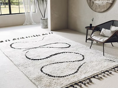 Modern White Square Rug With Black Curved Patterns And Tassels In Living Room 3d model