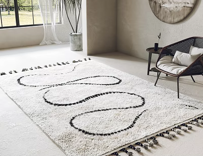 Modern White Square Rug With Black Curved Patterns And Tassels In Living Room 3d model
