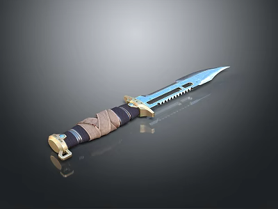 Tactical Knife With Serrated Blade Blue Metallic Finish And Brown Wrapped Handle 3d model