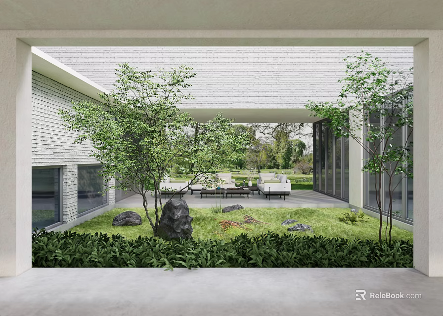 Modern Garden Landscape Design With Lush Green Lawn Trees Decorative Rocks And Outdoor Furniture 3d model 