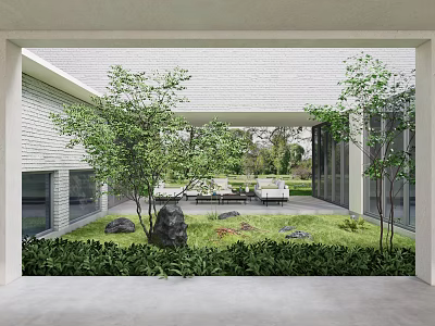 Modern Garden Landscape Design With Lush Green Lawn Trees Decorative Rocks And Outdoor Furniture 3d model