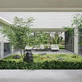 Modern Garden Landscape Design With Lush Green Lawn Trees Decorative Rocks And Outdoor Furniture