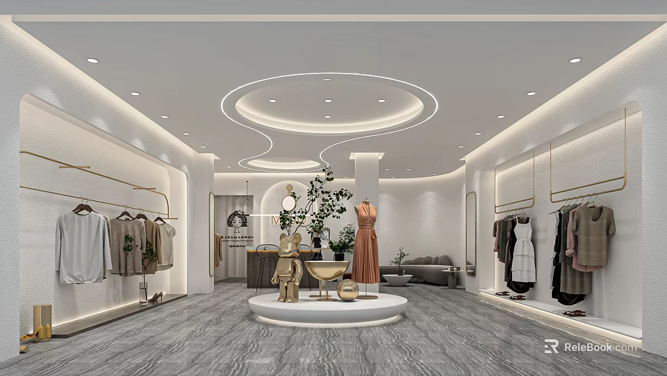 Modern Clothing Store Interior Featuring Women's Dresses Racks Mannequins Bright Lighting And Sofa 3d model 