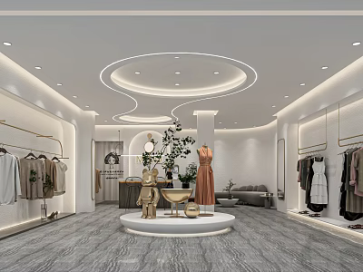 Modern Clothing Store Interior Featuring Women's Dresses Racks Mannequins Bright Lighting And Sofa 3d model