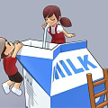 Cartoon Scene of Two Kids Playing on Giant Milk Carton with Ladder and Dripping Milk