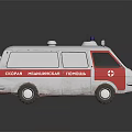 White and Red Emergency Ambulance Vehicle with Medical Cross and Emergency Lights