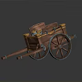 Vintage Wooden Cart with Spoked Wheels and Pottery Jars on Mossy Ground