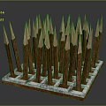 Wooden Spikes With Pointed Tops Neatly Arranged On Square Grid Base Structure
