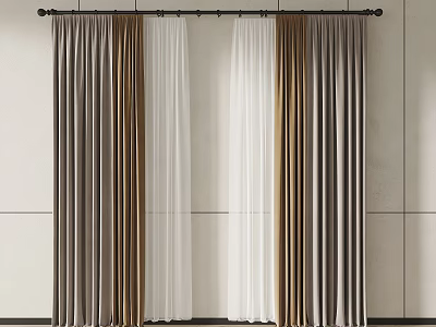 Modern Curtains In Brown Beige And White With Sheer Layers And Rod Installation 3d model