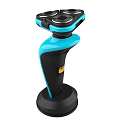 Modern Three Blade Electric Shaver With Blue Handle Black Base And Green Indicator Light Design