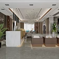 Modern Property Sales Office Interior with Display Podiums Marble Reception Counter Chandelier and Green Plants