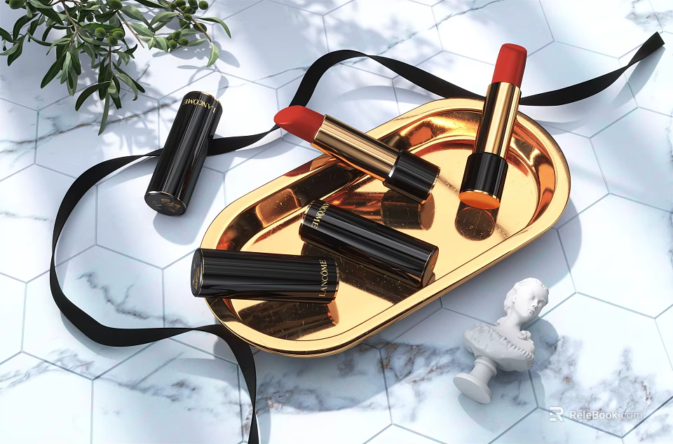 Luxury Cosmetics Lipsticks In Gold Tray With Black Ribbon And Marble Background 3d model 