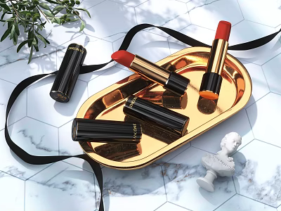 Luxury Cosmetics Lipsticks In Gold Tray With Black Ribbon And Marble Background 3d model