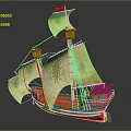 Vintage Wooden Ship With Orange Hull White Sails Sun Patterns And Red Flags