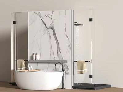 Modern Bathroom Interior With White Bathtub Marble Wall And Glass Shower Enclosure 3d model