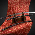 Traditional Japanese Swords Displayed On Wooden Stand With Red Gold Patterned Background