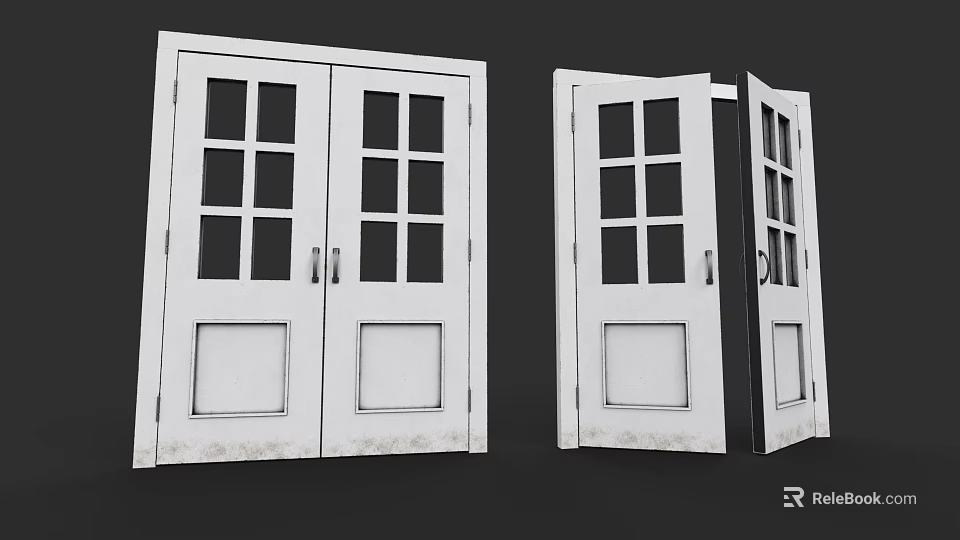 White Double Hinged Doors With Glass Panes And Panels In Open Closed States 3d model 