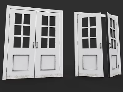 White Double Hinged Doors With Glass Panes And Panels In Open Closed States 3d model