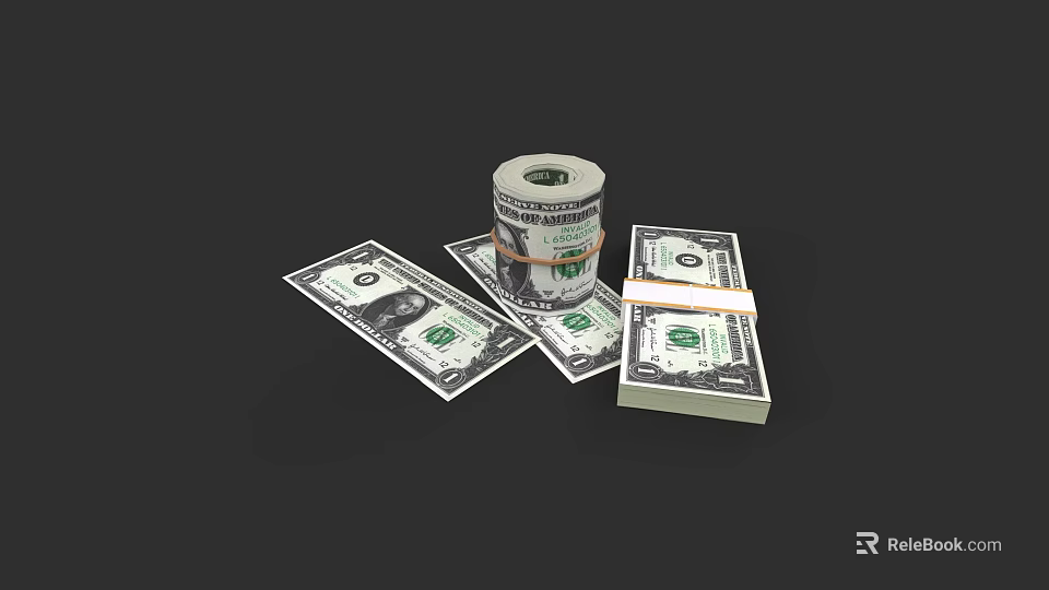 Artistic Dollar Bill Sculpture With Rolled And Stacked Cash Design On Black Background 3d model 