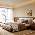 Modern Cozy Bedroom Interior Design With Wooden Bed Pillows Blanket Nightstand Lamp And Wall Art