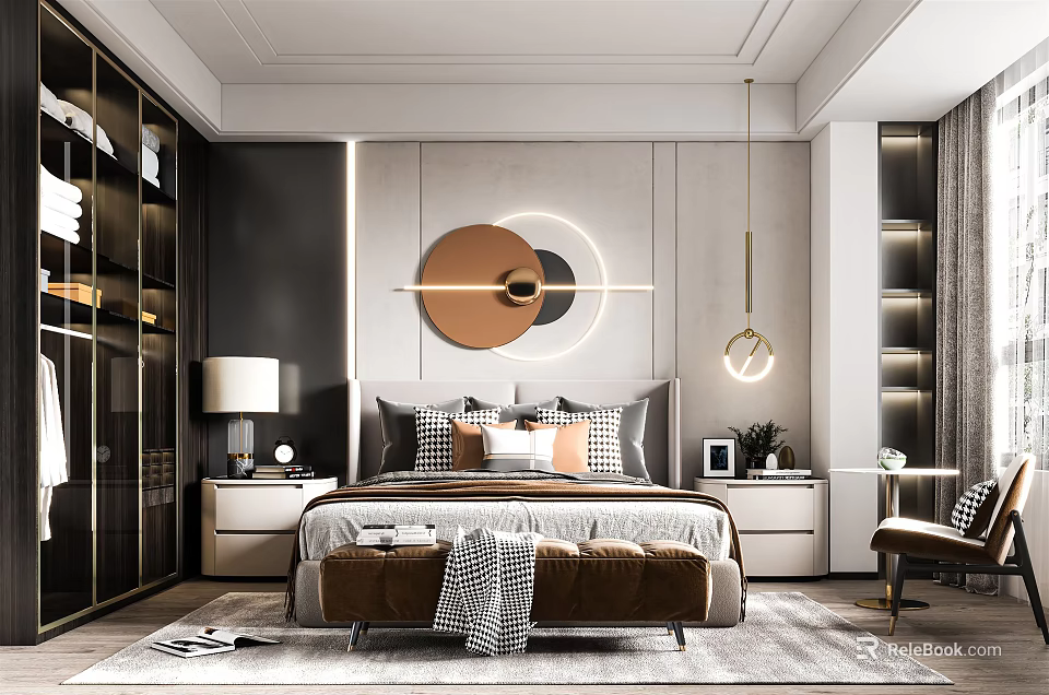 Modern Bedroom Interior Design With Round Artwork Pendant Lights Nightstands Lamps And Accent Pillows 3d model 