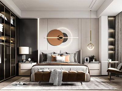 Modern Bedroom Interior Design With Round Artwork Pendant Lights Nightstands Lamps And Accent Pillows 3d model