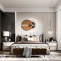 Modern Bedroom Interior Design With Round Artwork Pendant Lights Nightstands Lamps And Accent Pillows