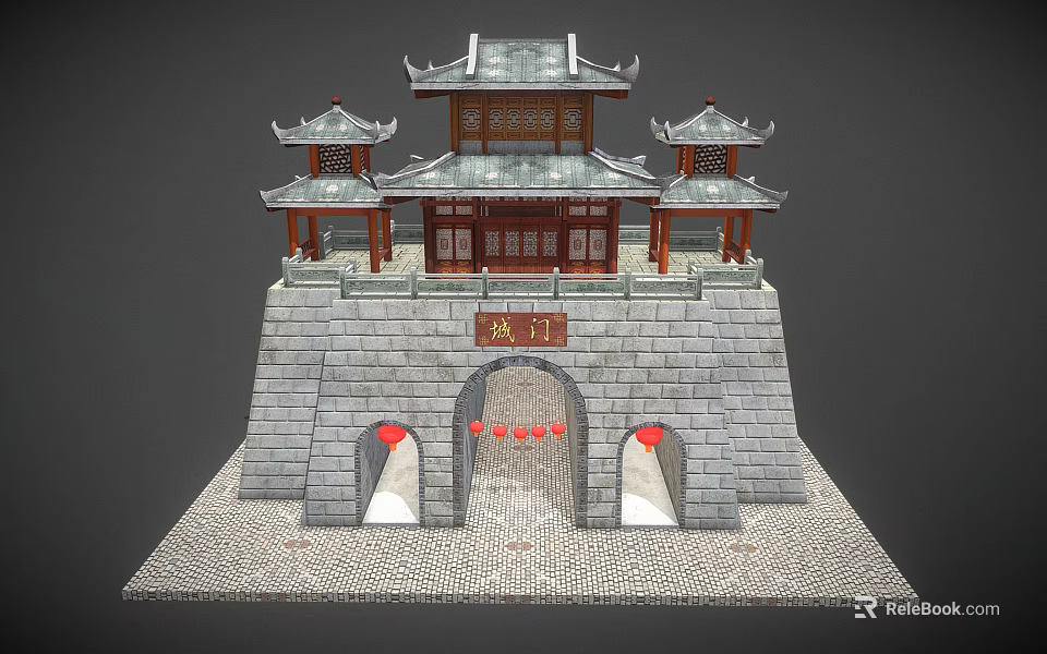 Ancient Chinese City Gate Architecture Featuring Stone Brick Walls Red Pillars And Multi Tiered Eaves 3d model 