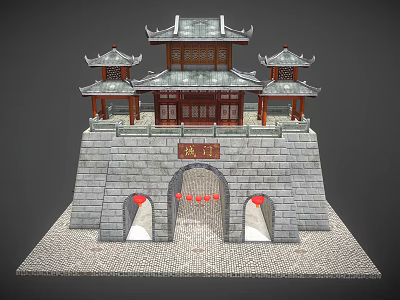 Ancient Chinese City Gate Architecture Featuring Stone Brick Walls Red Pillars And Multi Tiered Eaves 3d model