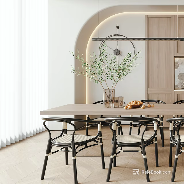 Warm Modern Restaurant Interior With Wooden Dining Table Chairs And Green Plant Decor 3d model 