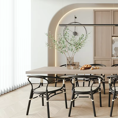 Warm Modern Restaurant Interior With Wooden Dining Table Chairs And Green Plant Decor 3d model