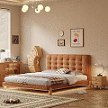 Cozy Modern Double Bed With Brown Tufted Headboard Wooden Frame Nightstand Lamp And Wall Decor