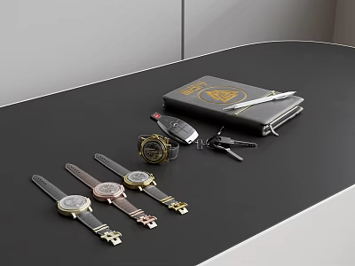 Stylish Watches Display On Black Table With Notebooks Pen And Keys 3d model
