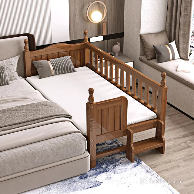 Wooden Kids Bed with Guardrails and Ladder in Cozy Bedroom with Soft Pillows 3d model 