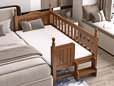 Wooden Kids Bed with Guardrails and Ladder in Cozy Bedroom with Soft Pillows 3d model