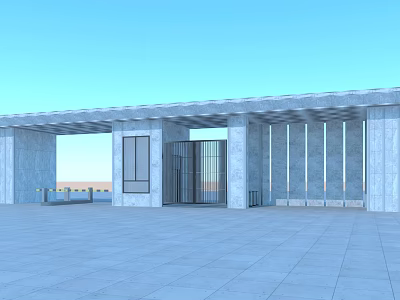 Modern Entrance Gate With Gray Stone Structure Metal Grille Design And Blue Sky Plaza View 3d model