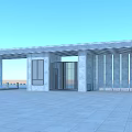 Modern Entrance Gate With Gray Stone Structure Metal Grille Design And Blue Sky Plaza View