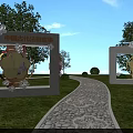 Scenic Road Facilities Featuring Patterned Stone Path Red Information Boards and Green Lawn Trees 3d model