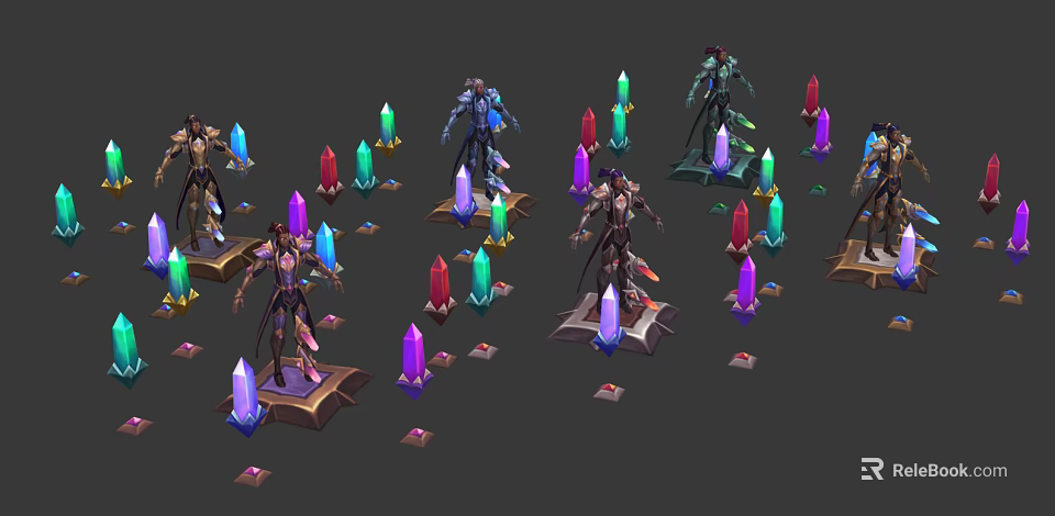 Game Characters Standing On Platforms With Colorful Crystals And Glowing Candles 3d model 